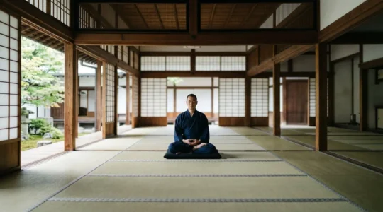 Personne méditant en position de zazen dans un temple traditionnel de Kyoto, ambiance sereine et contemplative