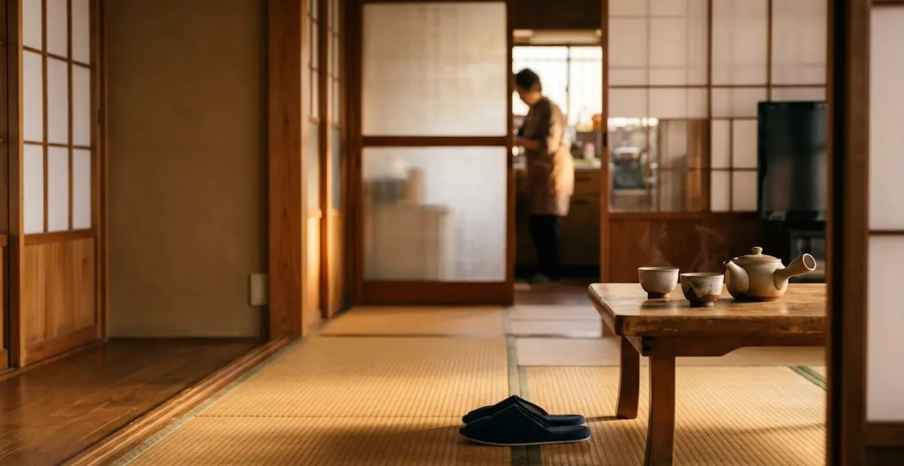 Intérieur chaleureux d'un minshuku japonais traditionnel avec tatami et atmosphère familiale