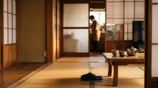 Intérieur chaleureux d'un minshuku japonais traditionnel avec tatami et atmosphère familiale