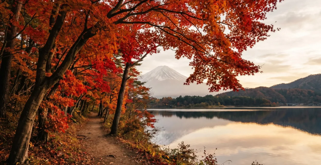 Tunnel d'erables japonais aux feuilles rouges ecarlates en automne avec le Mont Fuji en arriere-plan