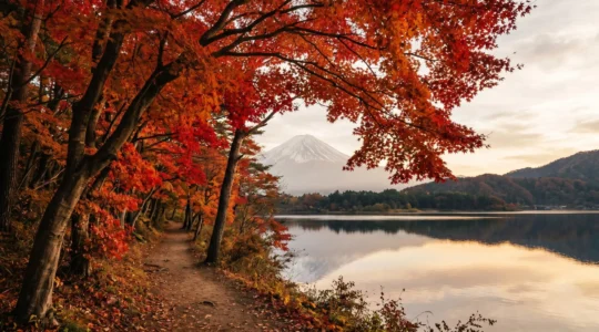 Tunnel d'erables japonais aux feuilles rouges ecarlates en automne avec le Mont Fuji en arriere-plan