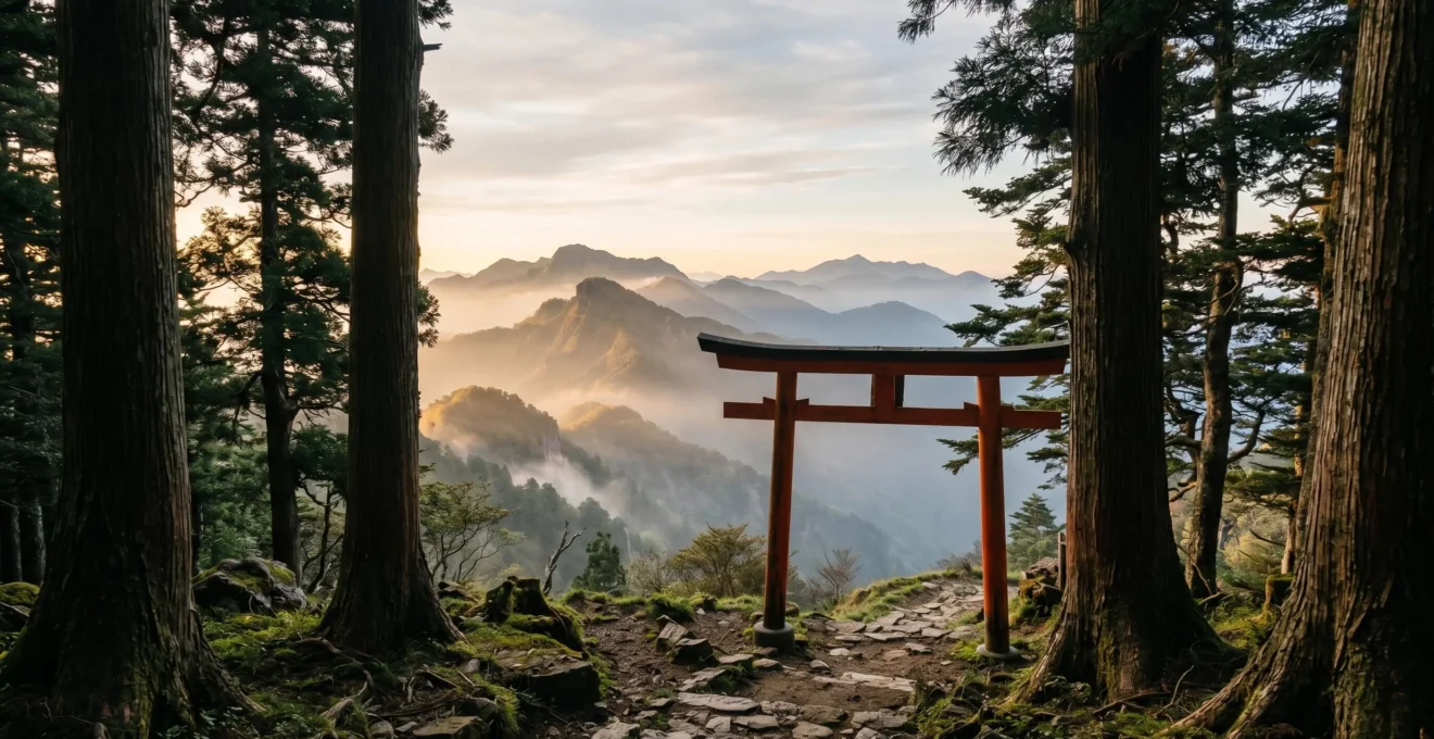 Sanctuaire torii traditionnel sur une montagne sacrée japonaise au lever du soleil