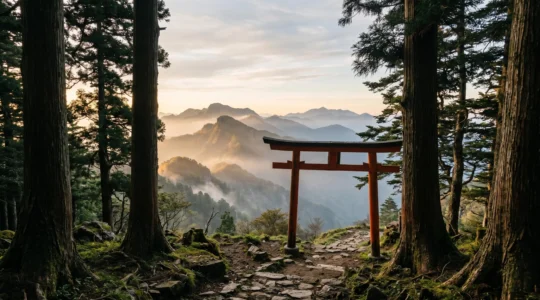 Sanctuaire torii traditionnel sur une montagne sacrée japonaise au lever du soleil
