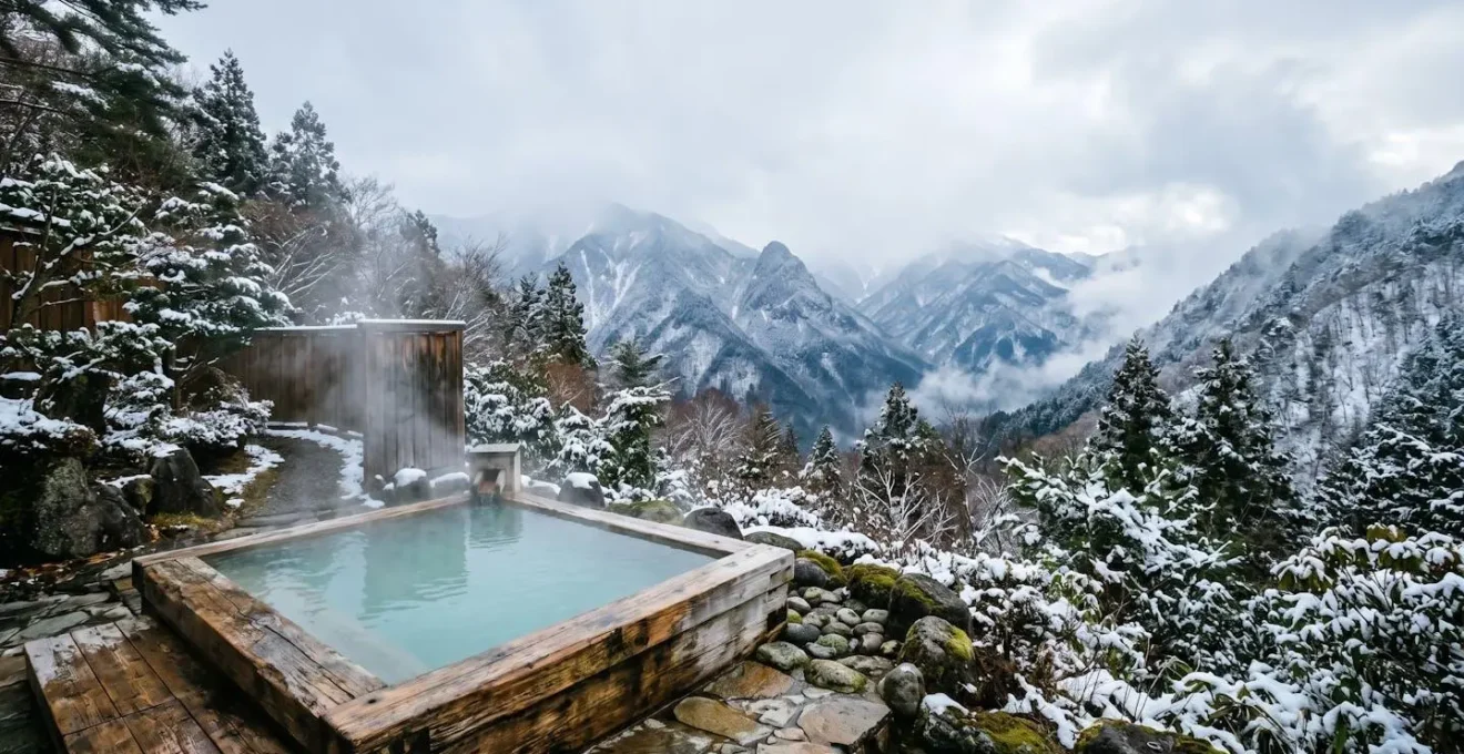 Bain thermal japonais privé en plein air avec vue sur la montagne enneigée et vapeur s'élevant de l'eau chaude