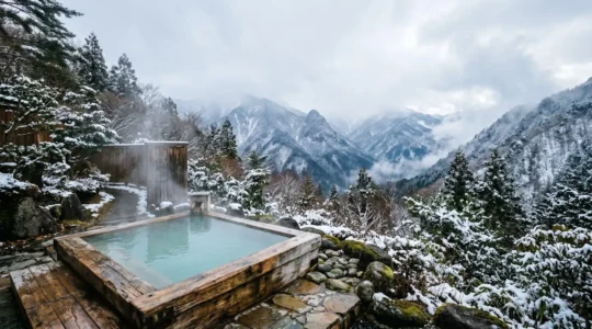 Bain thermal japonais privé en plein air avec vue sur la montagne enneigée et vapeur s'élevant de l'eau chaude