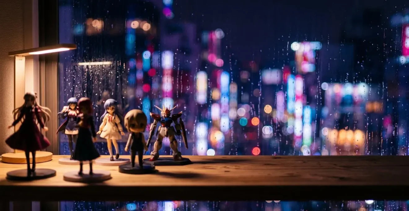 Scène atmosphérique de la culture otaku au Japon avec ambiance urbaine nocturne et éléments de culture pop
