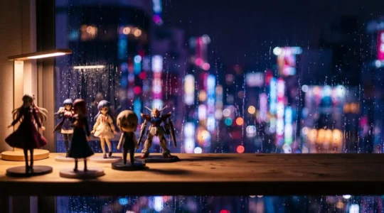Scène atmosphérique de la culture otaku au Japon avec ambiance urbaine nocturne et éléments de culture pop