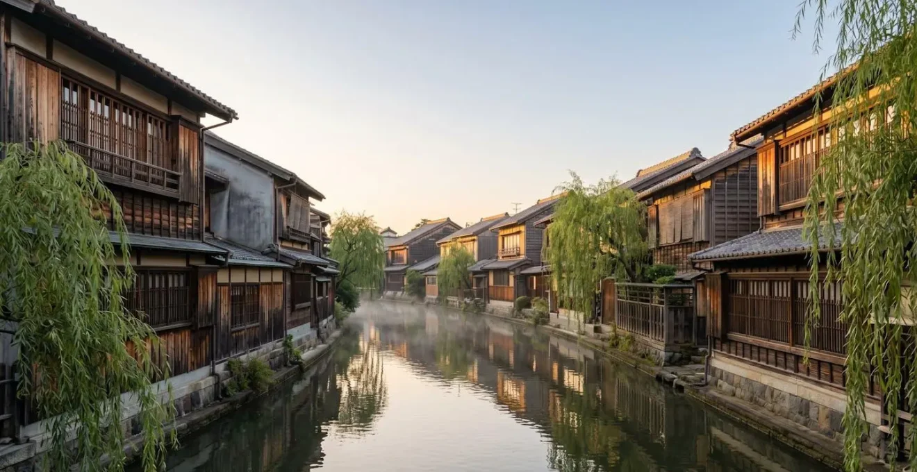 Vue panoramique d'un quartier historique japonais avec des maisons traditionnelles machiya en bois le long d'un canal bordé de saules pleureurs