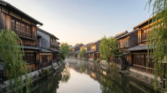 Vue panoramique d'un quartier historique japonais avec des maisons traditionnelles machiya en bois le long d'un canal bordé de saules pleureurs