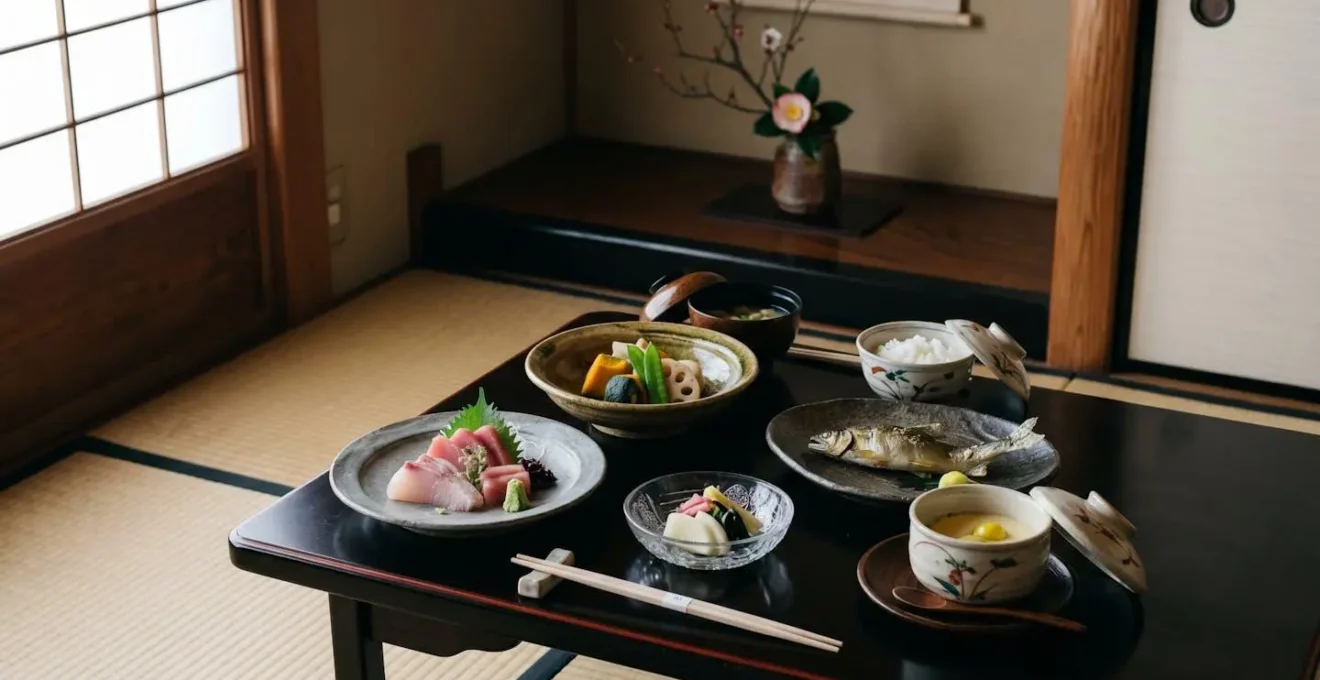 Séquence de plats kaiseki élégamment disposés sur vaisselle traditionnelle japonaise en céramique