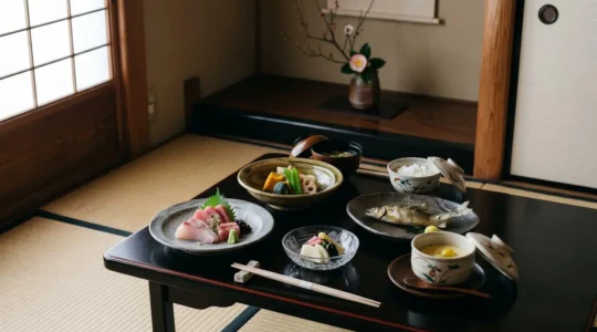 Séquence de plats kaiseki élégamment disposés sur vaisselle traditionnelle japonaise en céramique