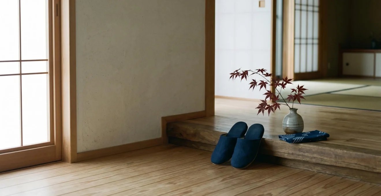 Scène contemplative d'une entrée de maison japonaise traditionnelle avec genkan et lumière naturelle douce