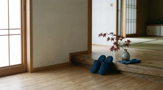 Scène contemplative d'une entrée de maison japonaise traditionnelle avec genkan et lumière naturelle douce