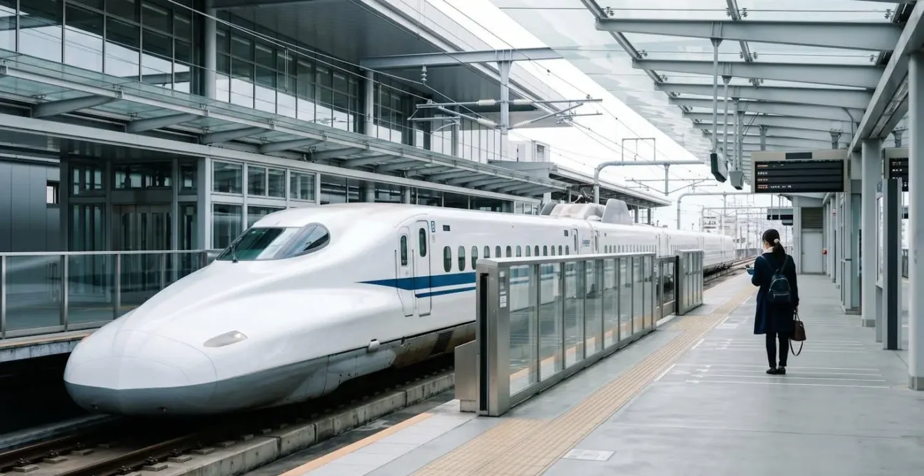 Voyageur devant un Shinkansen dans une gare japonaise moderne
