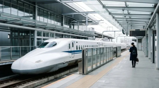 Voyageur devant un Shinkansen dans une gare japonaise moderne