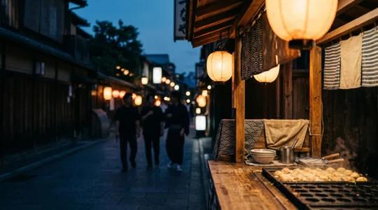 Scène de street food japonaise avec stands illuminés et boulettes de takoyaki fumantes