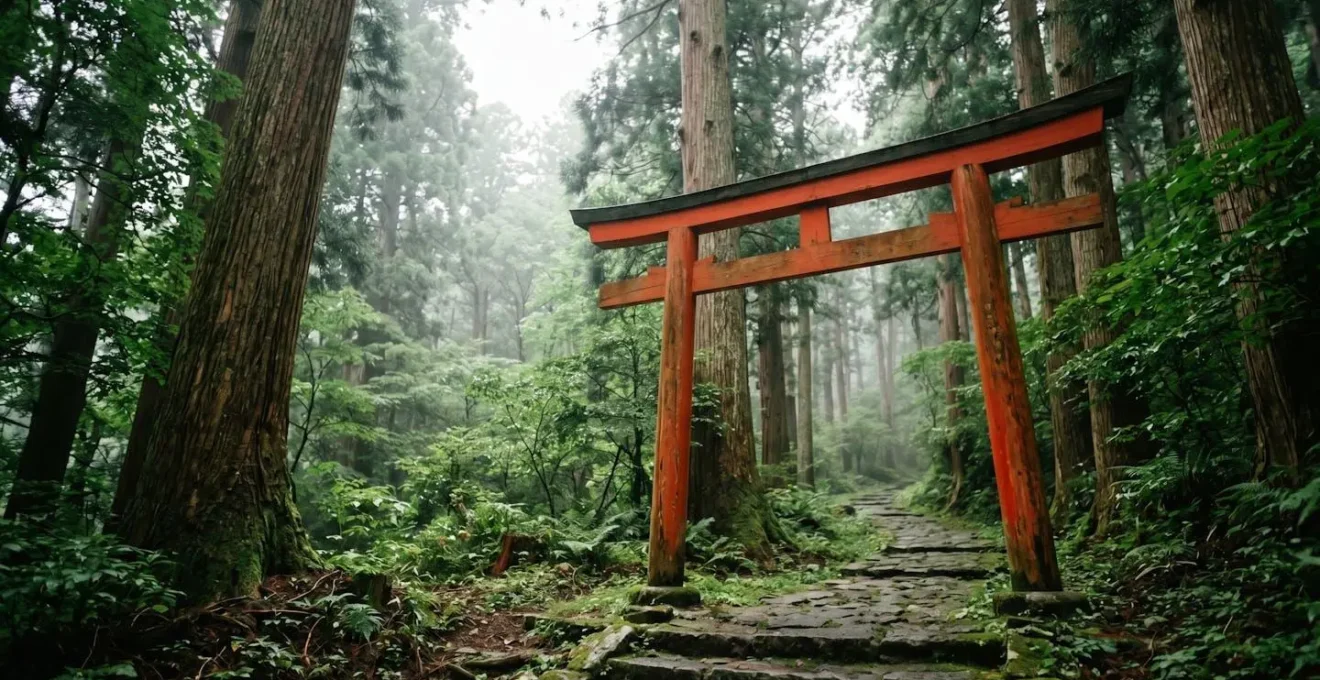 Portique torii vermillon traditionnel d'un sanctuaire shintoïste japonais dans une forêt paisible