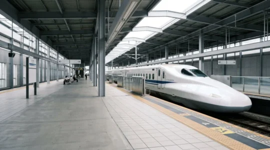 Train à grande vitesse Shinkansen dans une gare japonaise moderne avec voyageurs en attente