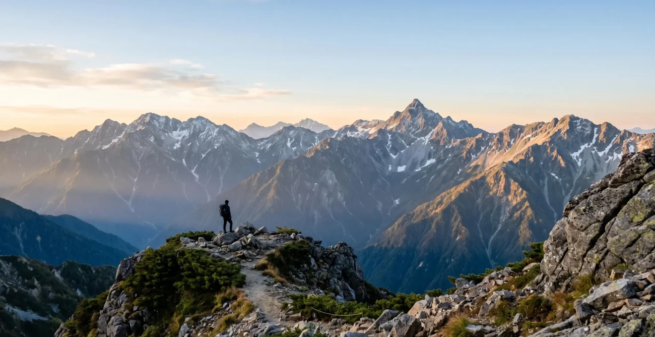 Vue panoramique des sommets enneigés des Alpes japonaises avec un randonneur contemplant la vallée de Kamikochi depuis un sentier de crête au lever du soleil